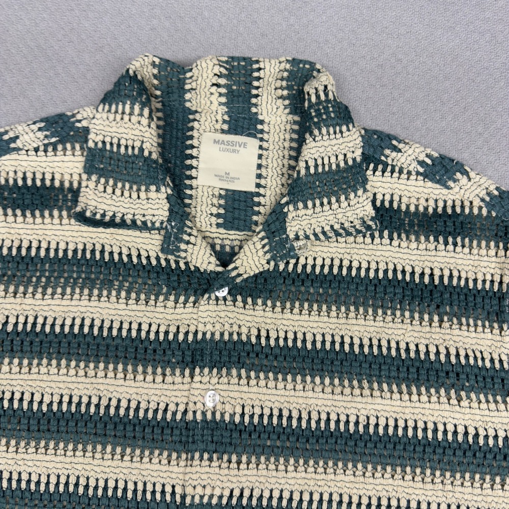 Massive Luxury Mens Green Cream Striped Open Knit Crochet Camp Shirt Medium - Picture 3 of 9